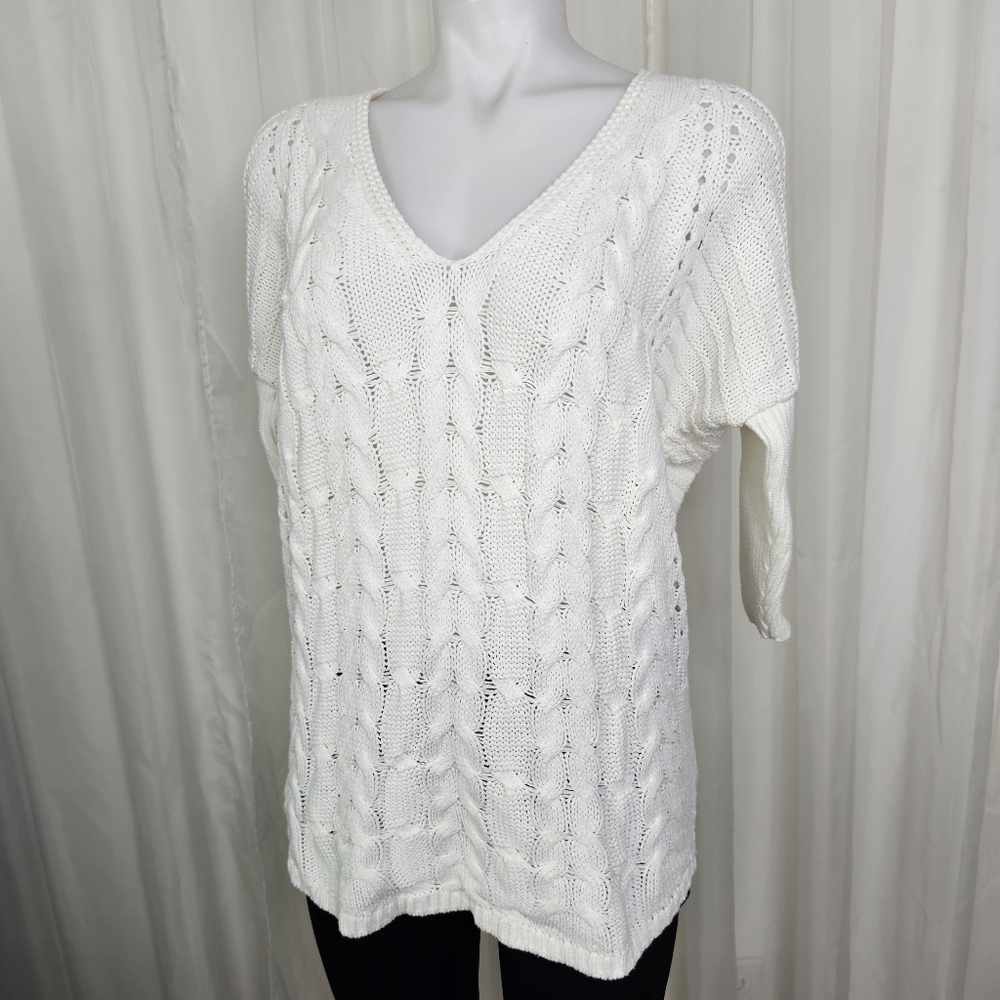 Express White Cable Knit London Sweater Dolman Batwing 3/4 Sleeve Deep V-Neck